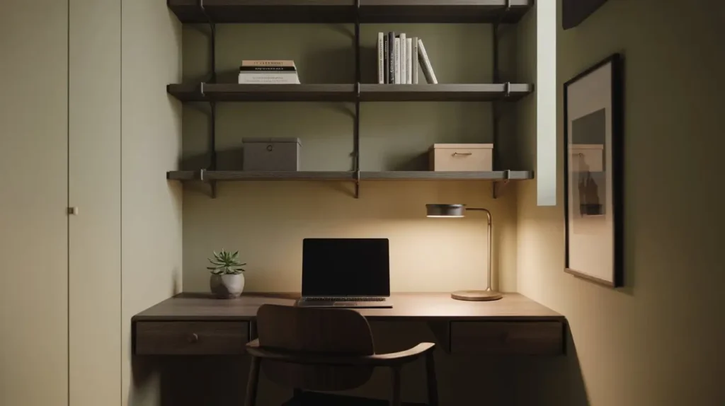home office funcional em espaço pequeno com organização vertical