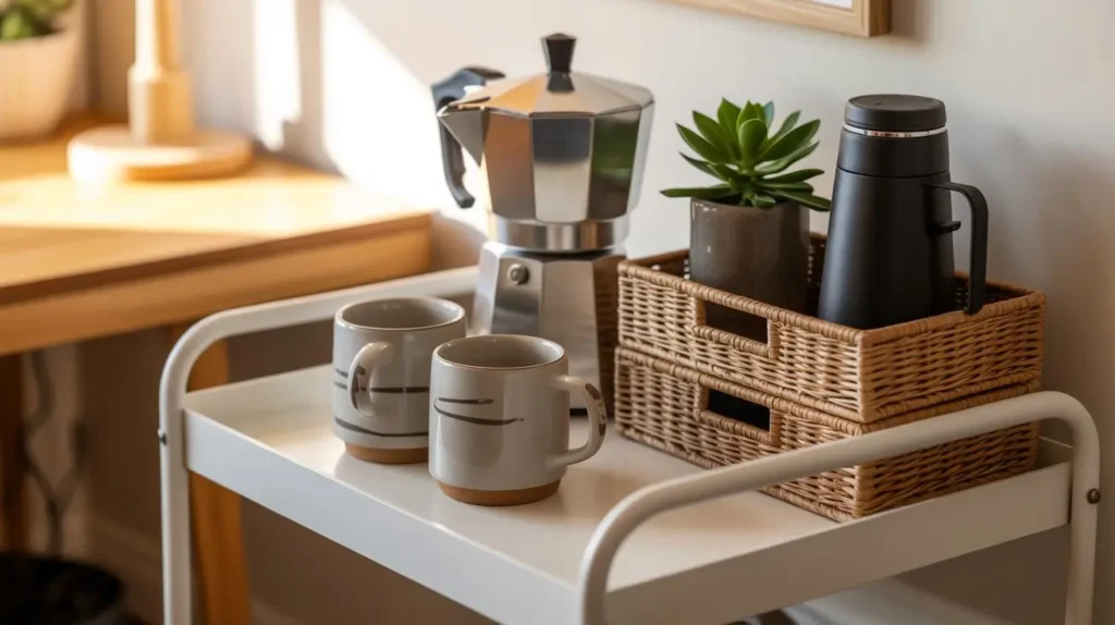 Como Montar um Cantinho do Café no Home Office com aparador, cafeteira e garrafa térmica.